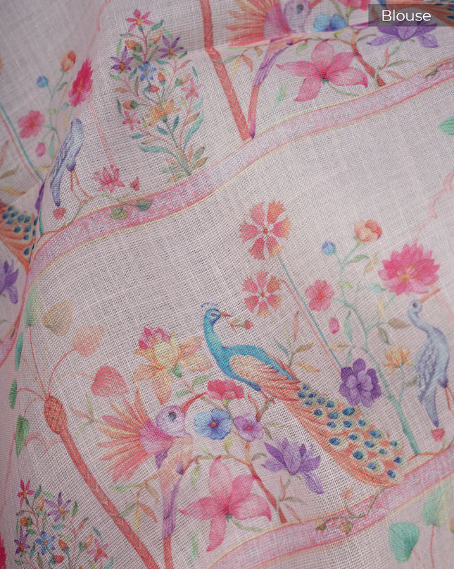 Linen Tissue Saree With Floral Print - Light Green