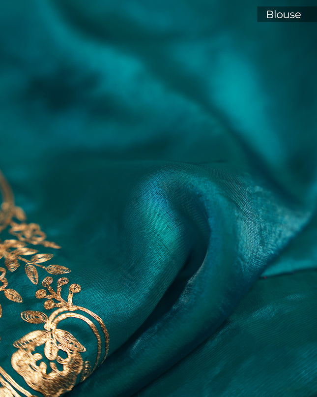 Soft Velvet Saree with Gold Laharia Pattern Work With Scallop Border - Rama Green