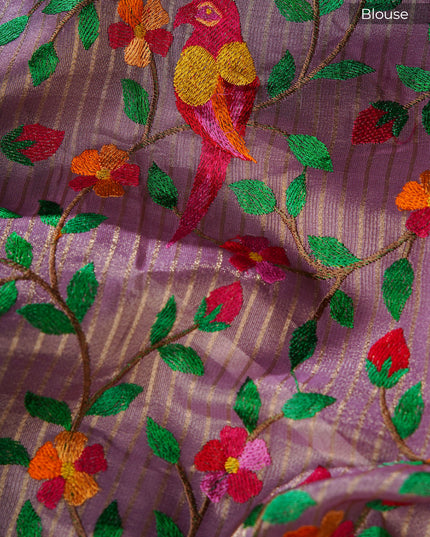 Soft organza saree with embroidered parrot motifs - Lavender