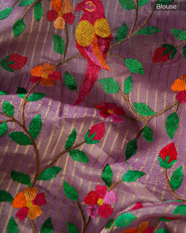 Soft organza saree with embroidered parrot motifs - Lavender
