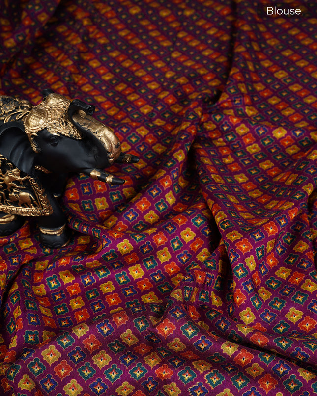 Munga Silk Saree With Digital pichwai print and contrast border - Pink & Purple