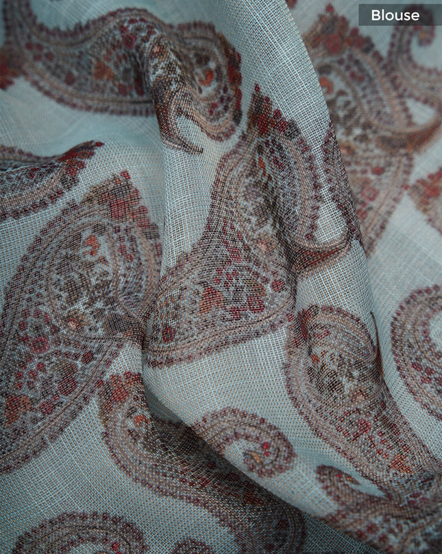 Tissue linen saree with Mango Butties And Dori work With Lace border - Sky Blue