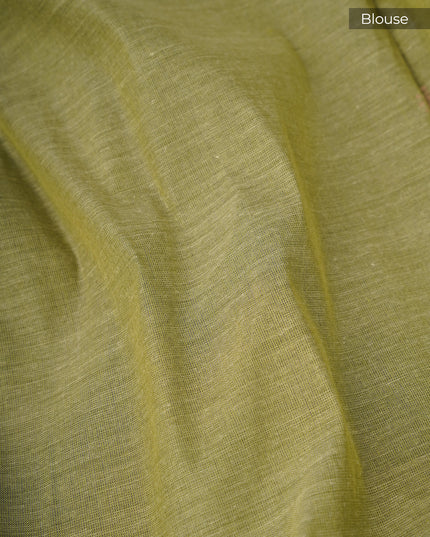 Handloom Cotton Thread Embroidery Butties And Gold Border - Olive Green