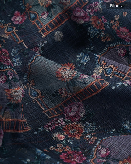 Silk Kota Saree With Gold Zari Butties And Print Border - Teal Blue