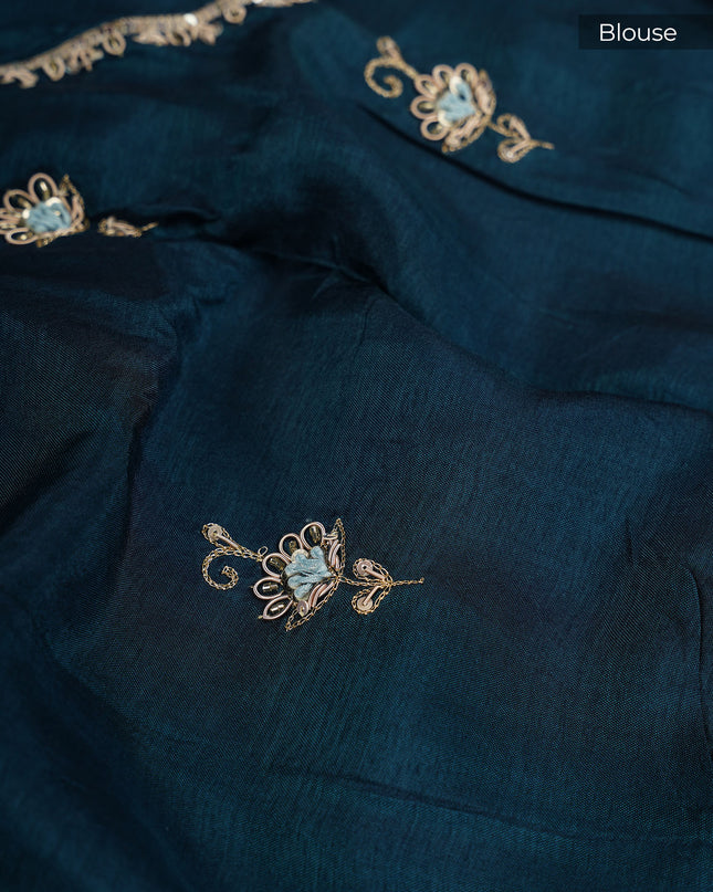 Monga Georgette With Scallop Border & Zardosi Hand Work - Blue