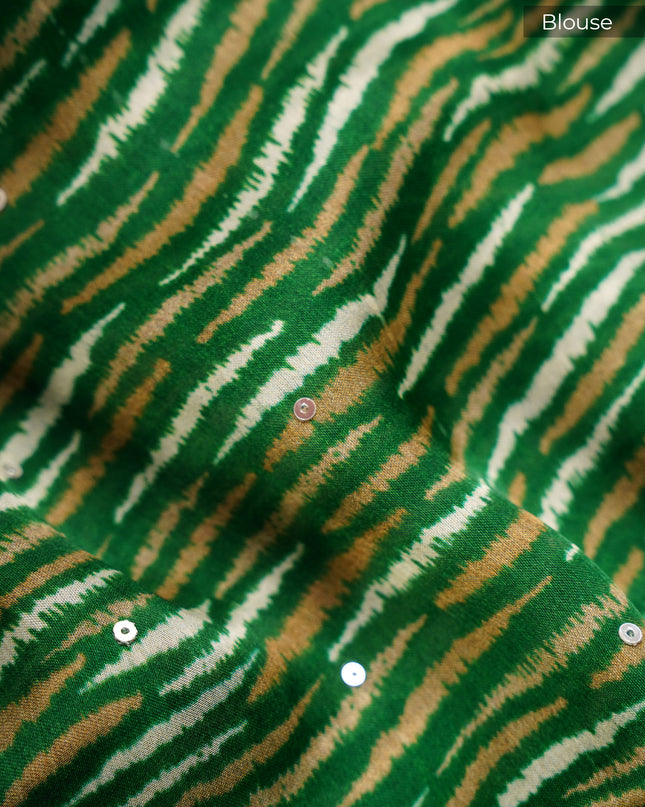 Binny Crepe Saree Floral Print Scallop Border Kardhana Sequence Work - Green