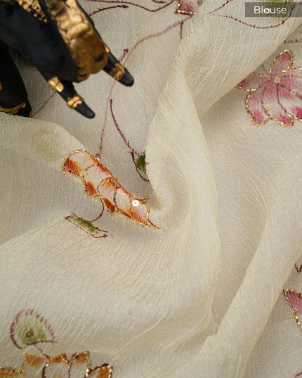 Crush tissue saree with hand painting butties and scallop border Kardana & Sequence Work- Yellow