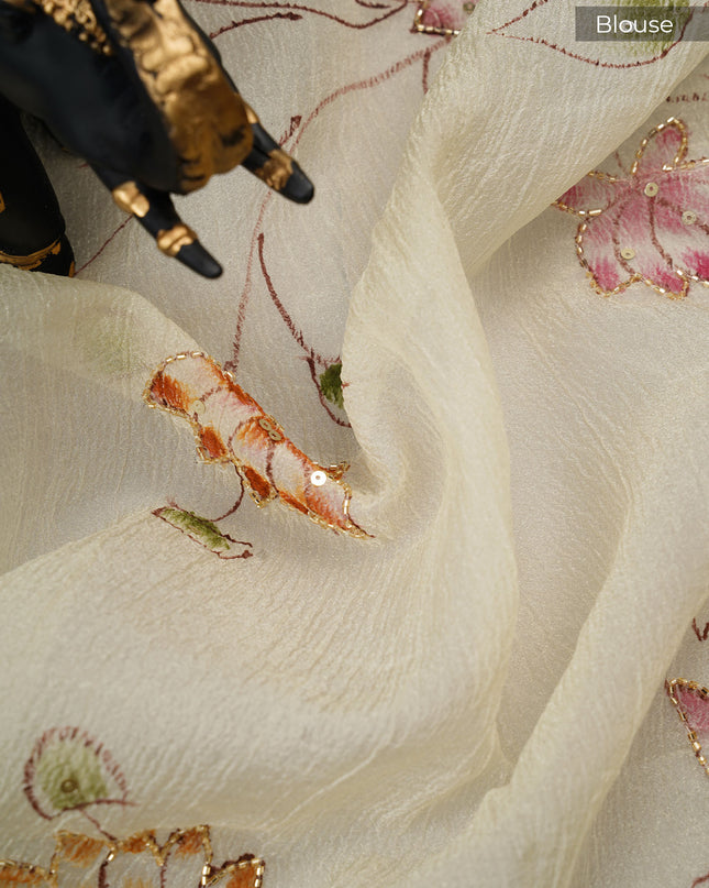 Crush tissue saree with hand painting butties and scallop border Kardana & Sequence Work- Yellow