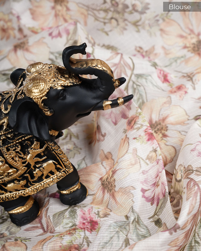 Kota Cotton Saree with Floral Print- Half White