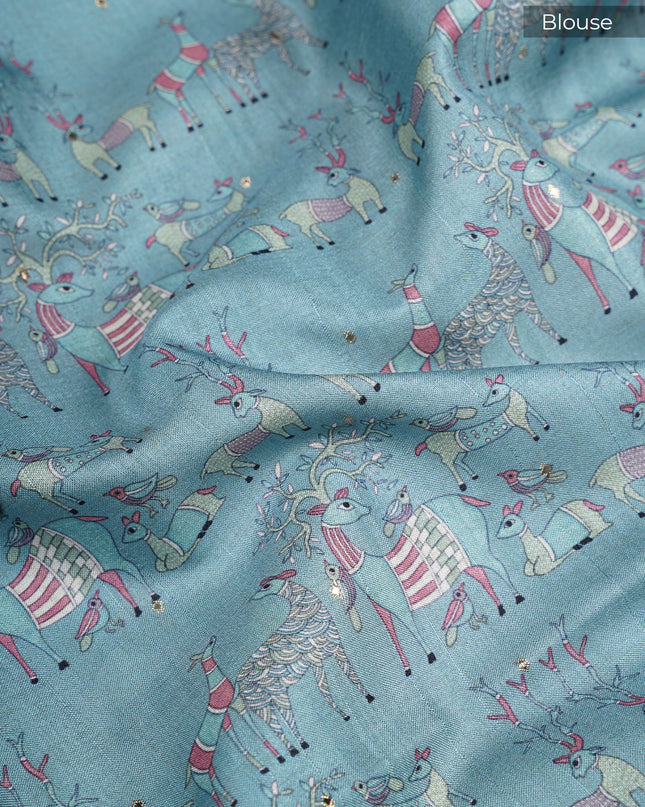 Tusser silk saree with all over  animal print - C & C Green