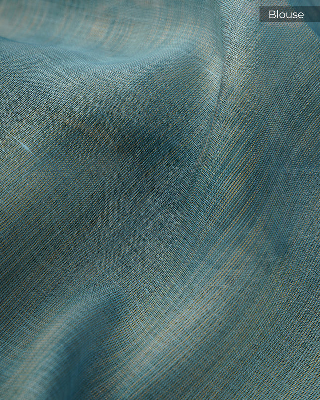 Tissue Linen Saree With Floral Print And Ari Work - Mint Blue