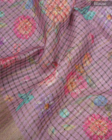 Tusser silk saree with weaving checks and zari border - Onion Pink