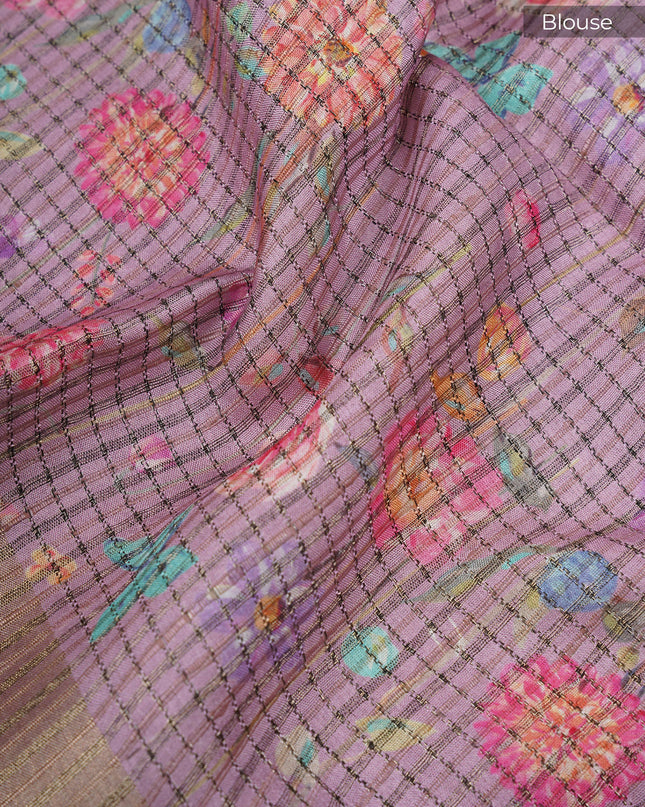 Tusser silk saree with weaving checks and zari border - Onion Pink