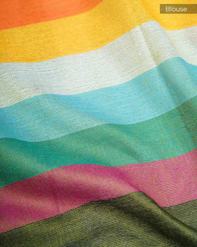 Mulcotton saree with multicolored check pattern - Green