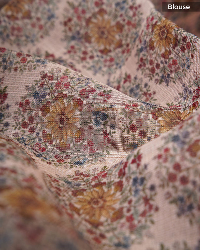 Tissue linen saree with floral Butties And Dori work With scallop border - Peach