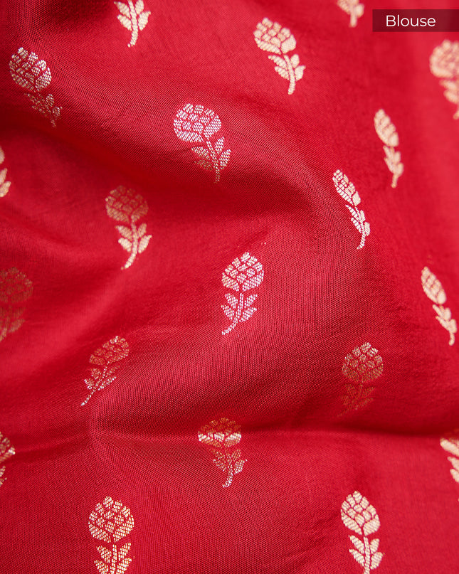 Green silk saree with all over golden zari  check weaving and contrast elephant border - Black