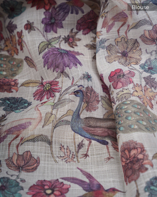 Linen Silk Saree With Floral Digital Print - M Yellow