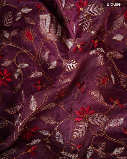 Linen saree with thread work motifs and scallop border - Wine
