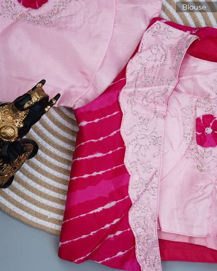 Russian silk saree with applique & Kardhana Work and scallop border - Baby Pink