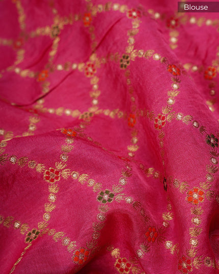 Green Silk all Over Golden Zari Weaving Checks Design with Kanchi Border- Orange