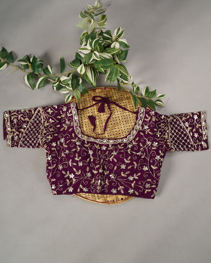 Italian Crape Mirror Work Booties With Kardhana Work - Violet