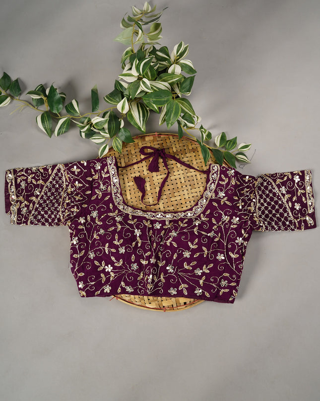 Italian Crape Mirror Work Booties With Kardhana Work - Violet