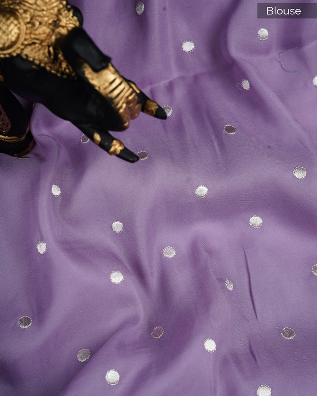 Mashru satin saree with pichwai butties and Parsi Work lace border - Lavender