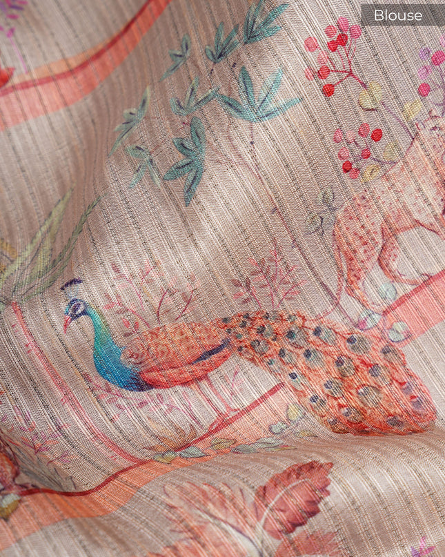 Tussar silk saree with digital print and t hread  weaving border - Beige