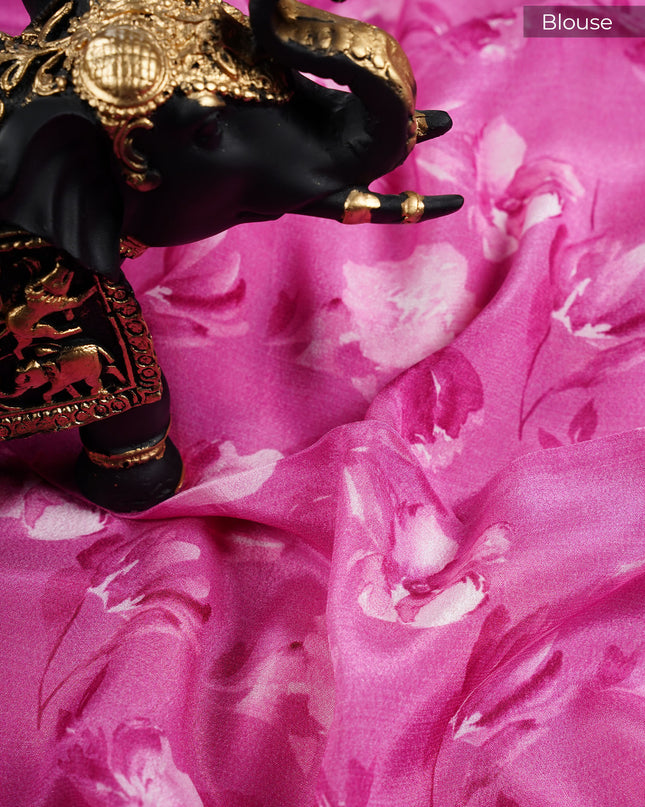 Satin Saree with Floral Print- Magenta