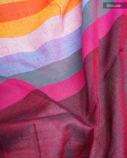 Mulcotton saree with multicolored check pattern - Maroon