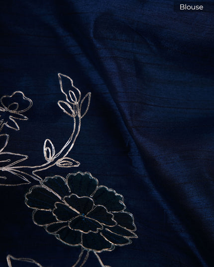 Tusser silk saree with applique and pitta work with scallop border - Teal Blue