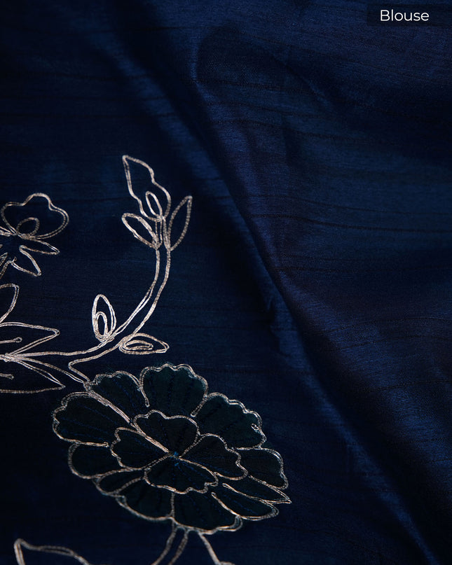Tusser silk saree with applique and pitta work with scallop border - Teal Blue