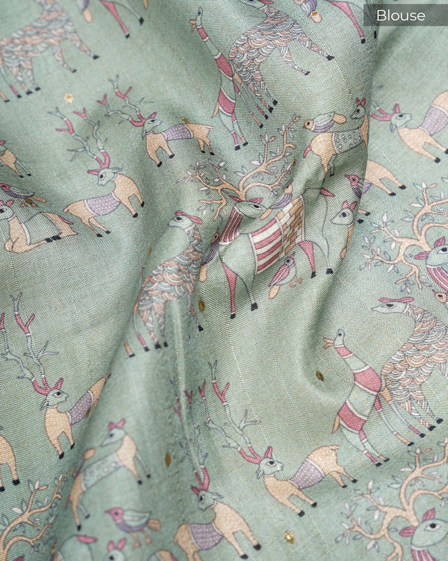 Tussar silk saree with Allover Digital Print Mukesh Work - C & Green