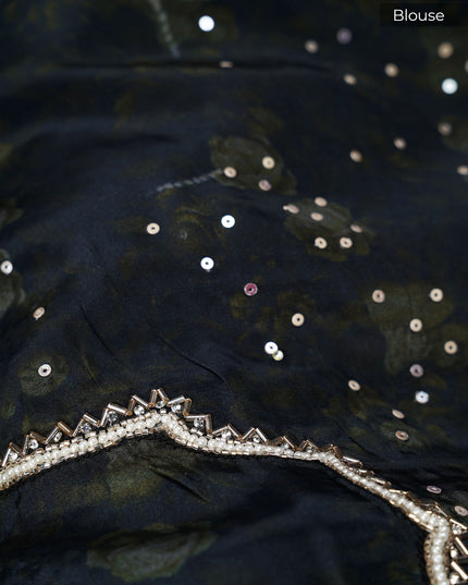 Crepe Saree With Floral Print Scallop Border Kardana Sequence Work - Black