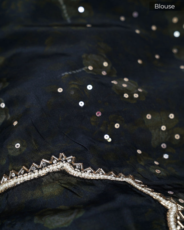 Crepe Saree With Floral Print Scallop Border Kardana Sequence Work - Black