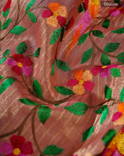 Soft organza saree with embroidered parrot motifs - Peach