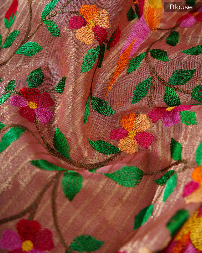 Soft organza saree with embroidered parrot motifs - Peach