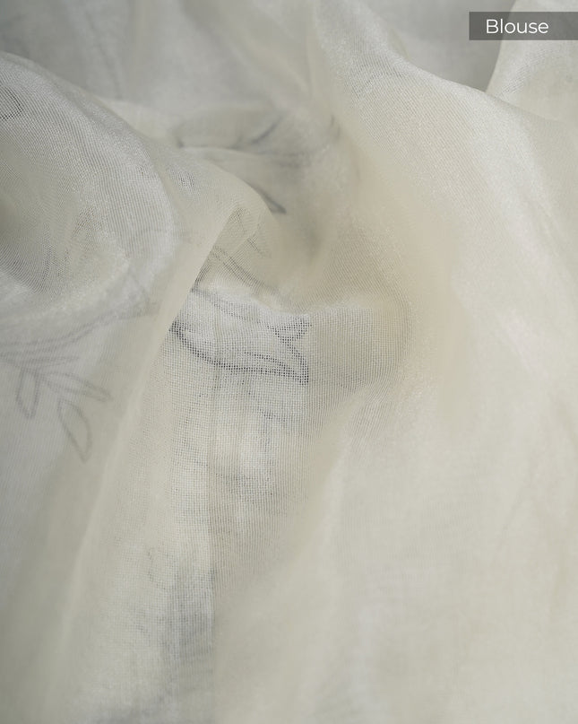 Tissue Organza Silk with Thread Embroidery Work lace Border- White