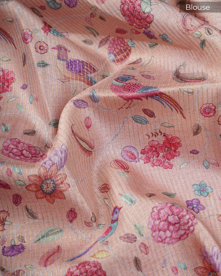 Tusser Silk Saree Floral Print with Contrast Border- Peach