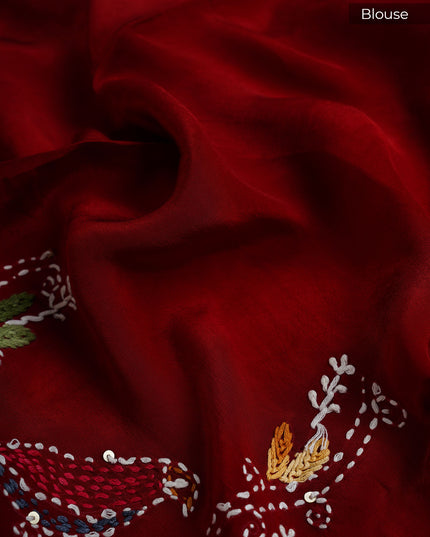 Dola Silk Saree Contrast Border With Kantha Work - White