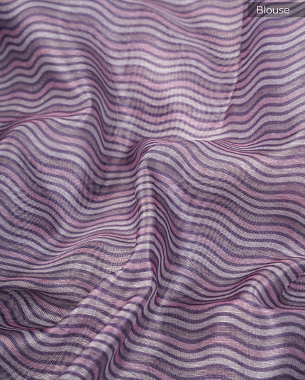 Tissue Lenin Saree with Floral Print and Kardana Work and Lace Border- Light Purple