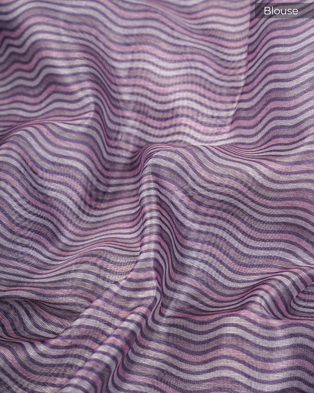 Tissue Lenin Saree with Floral Print and Kardana Work and Lace Border- Light Purple