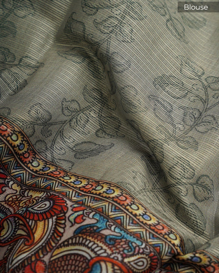 Tissue Kota Saree with Gold Butties and Contrast Floral Print Border- Sage Green