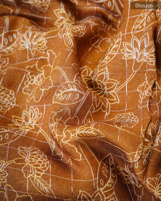 muslin silk saree with Kalamkari print and golden zari border - Rust Brown