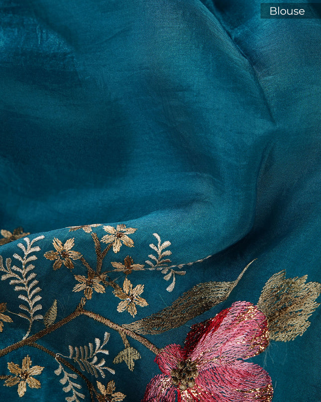 Soft organza saree with thread work butties and lace border  - Teal Blue