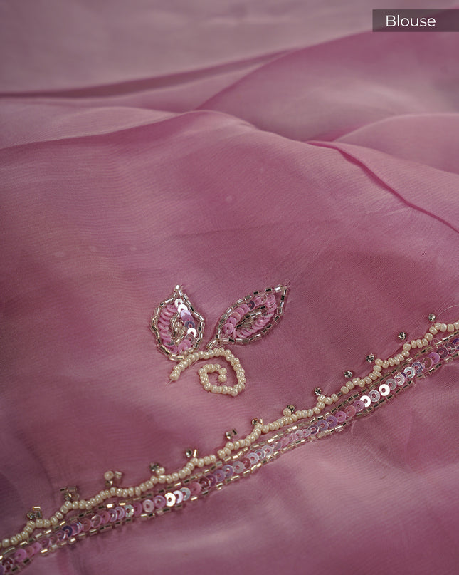 Italian Crape Saree Kardana & Pearl Hand Work With Scallop Border - Pink