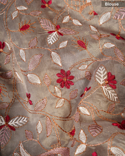 Linen saree with thread work motifs and scallop border - Beige