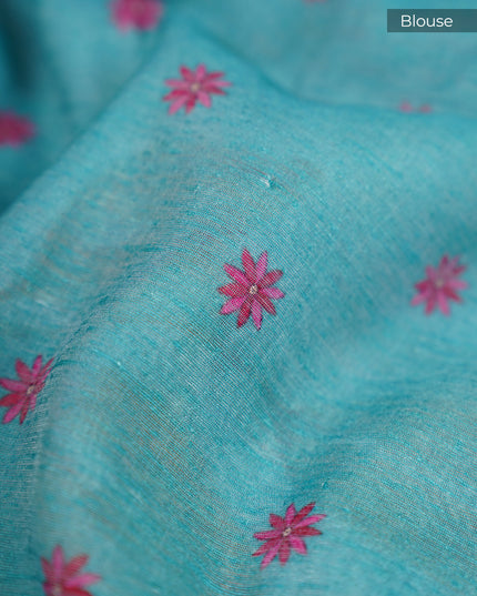 Linen Jute Floral Print With Zari Border - Sky Blue