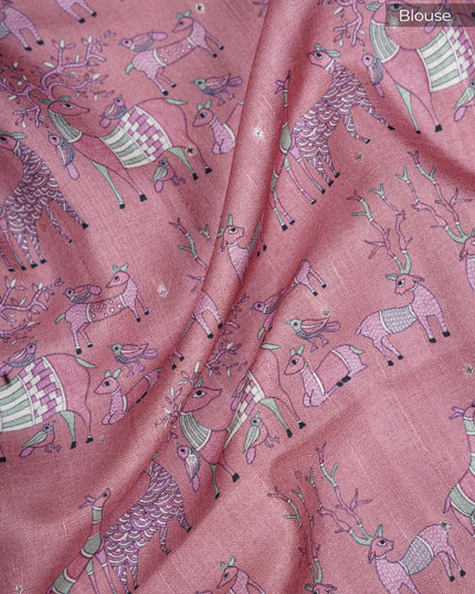 Tusser silk saree with All over animal and digital print - Cream & Pink