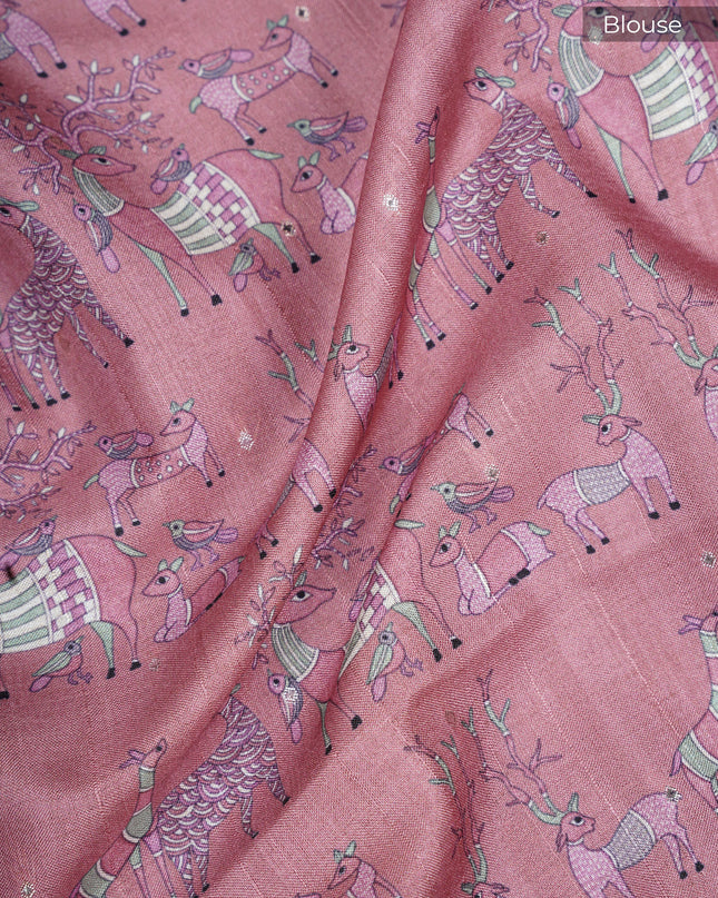 Tusser silk saree with All over animal and digital print - Cream & Pink